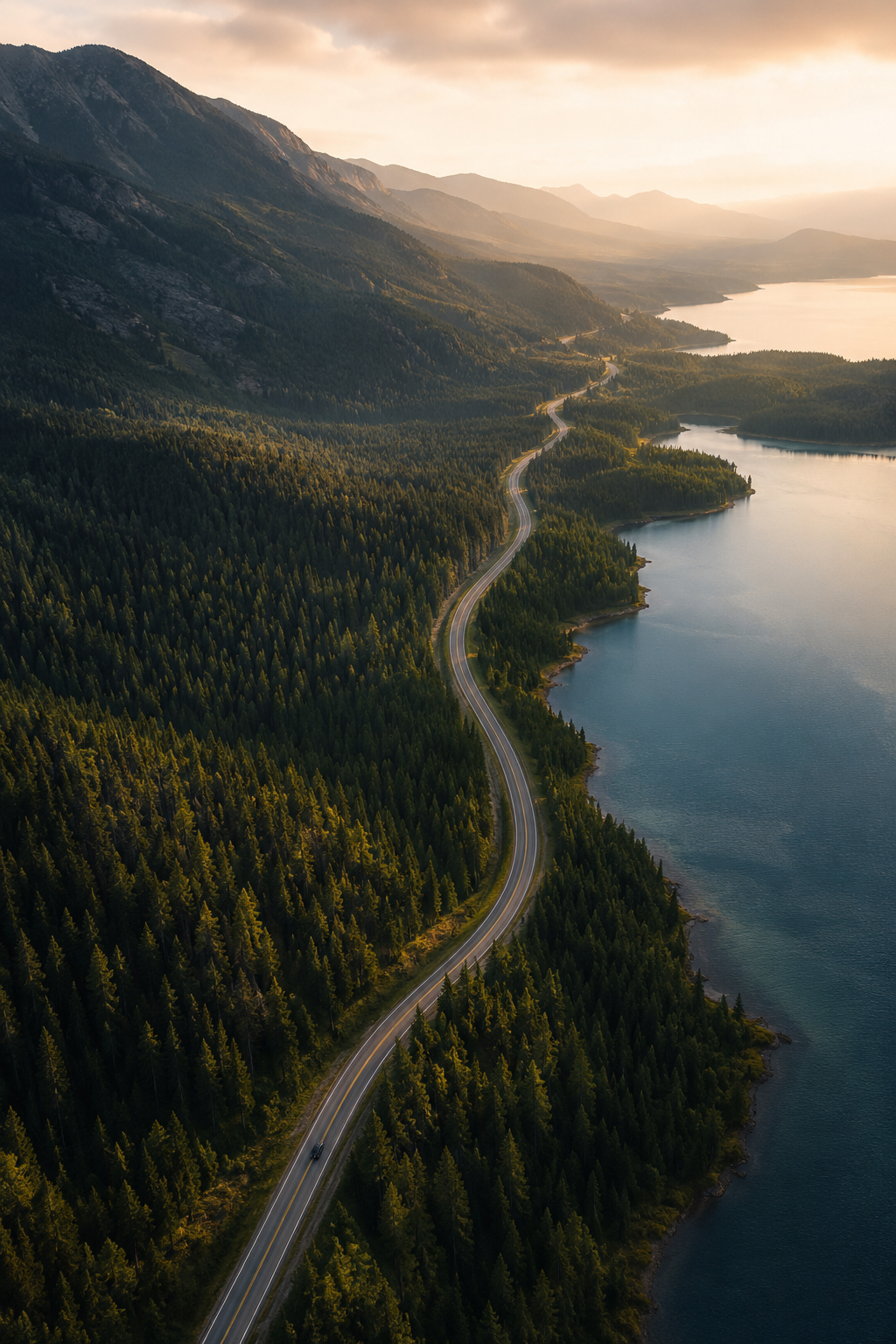 A winding road running through forested mountains beside a lake at golden hour, representing connected retail signals converging into one trusted path.